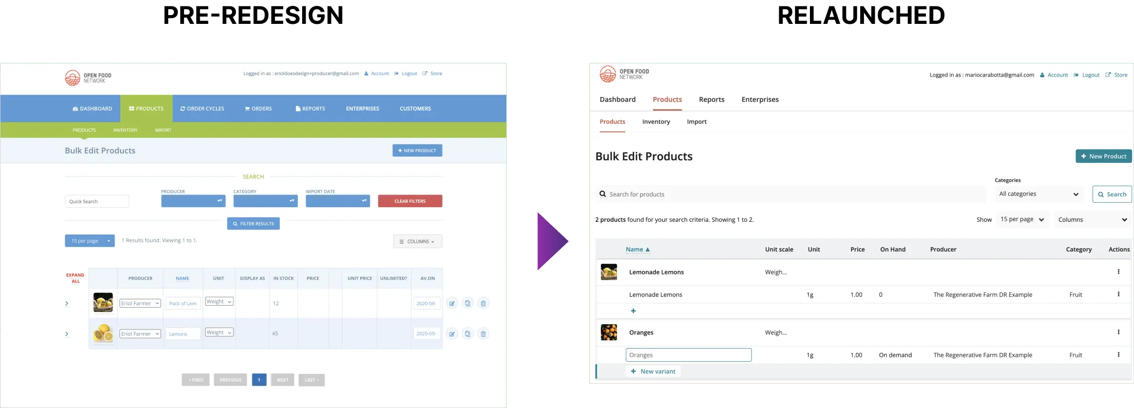Open Food Network's bulk product edit page pre and post redesign screenshots