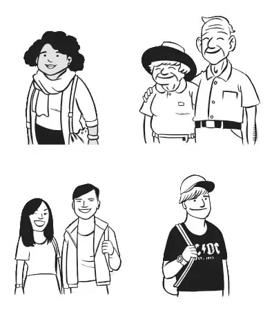 Sketches of What's On audiences, including a local person, an enderly couple, an interstate young traveller, an international tourist couple of asian background
