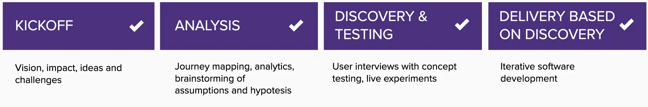 Milestones of the initiative with activities: kickoff, analysis, discovery & testing, delivery based on discovery