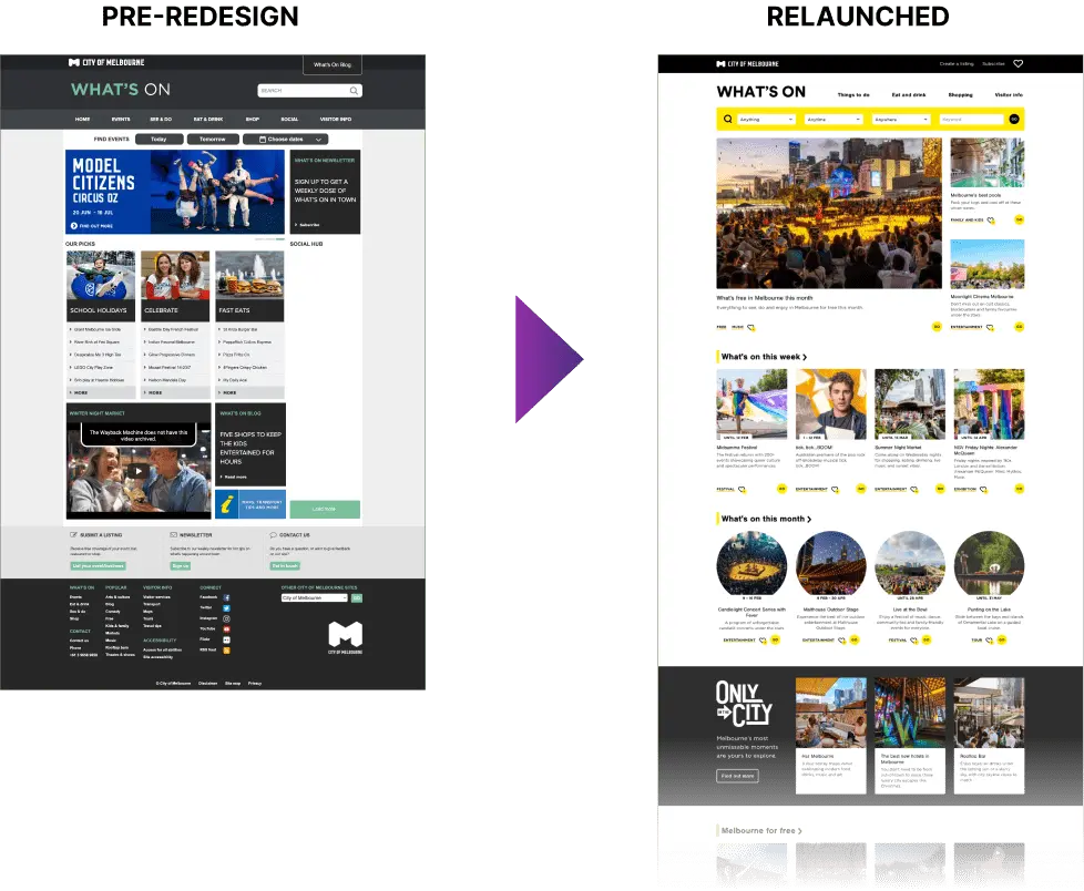 Homepage of the old What's On website and the new version